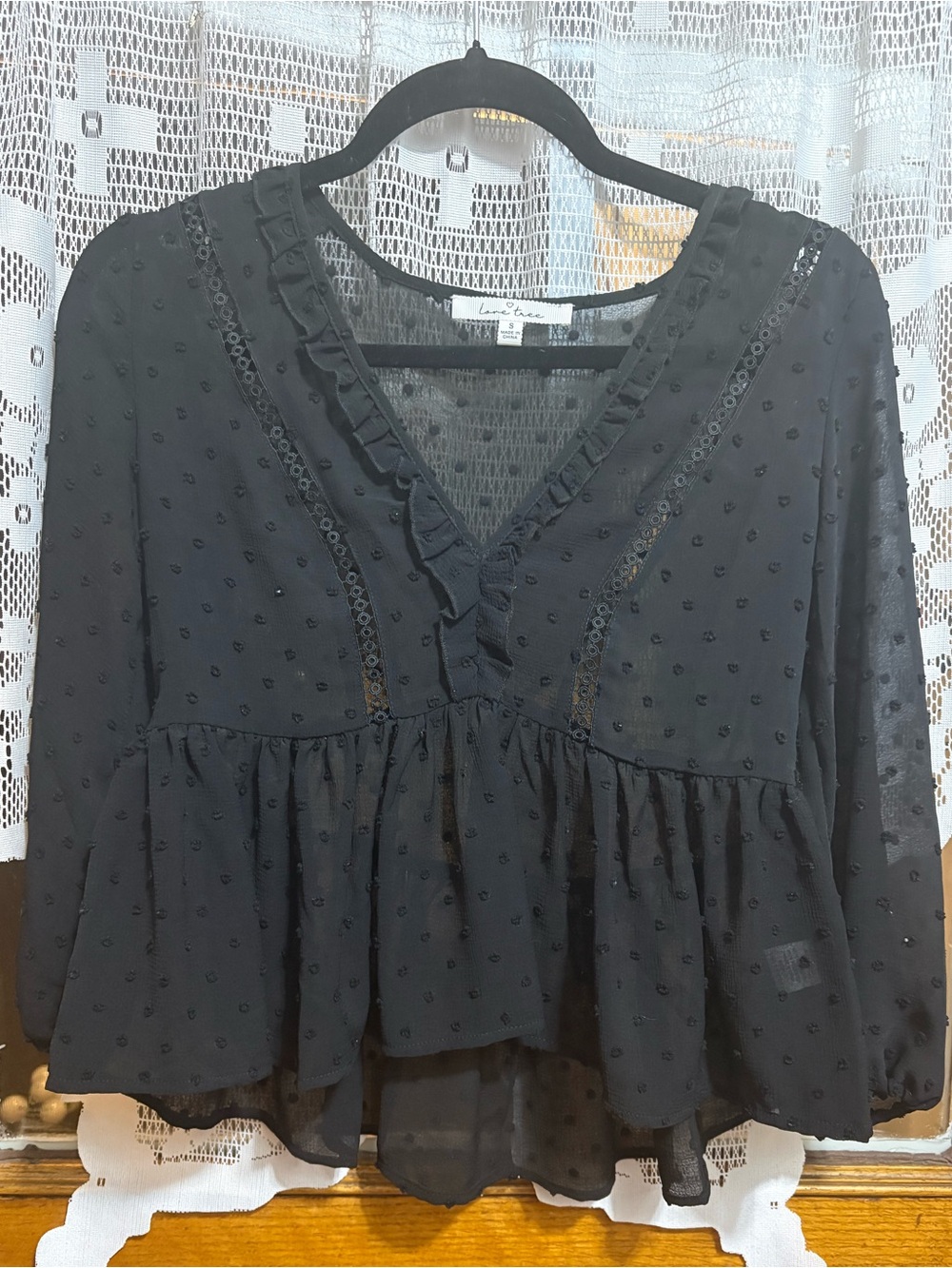 Love Tree Black Ruffled Peplum Swiss-Dot Blouse